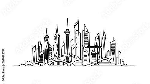 City skyline with tall buildings.