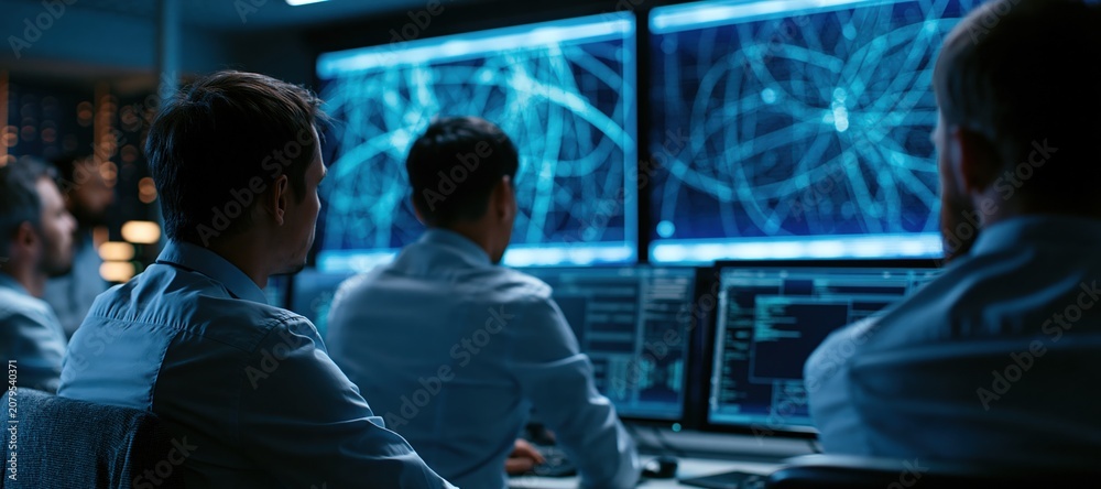 Obraz premium Mission control researchers analyzing abstract orbital paths on large digital screens
