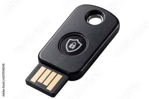 Black USB security key with shield lock icon