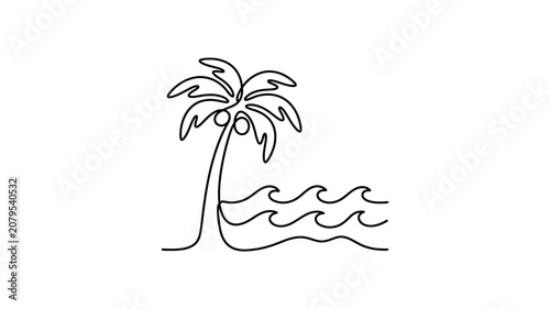 Tropical palm tree by ocean waves.