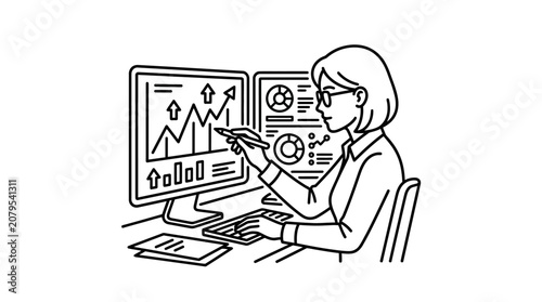 Businesswoman Analyzing Financial Growth Charts on Monitors