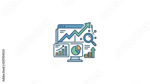 Financial analytics monitor with dashboard and coin stacks