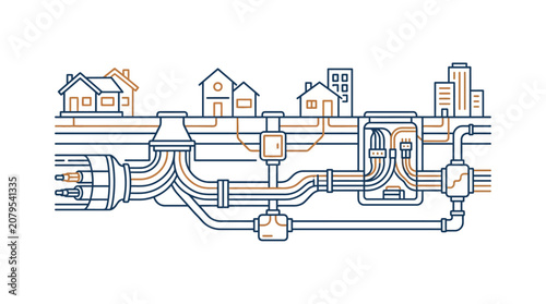 Underground utility network with pipes and city buildings