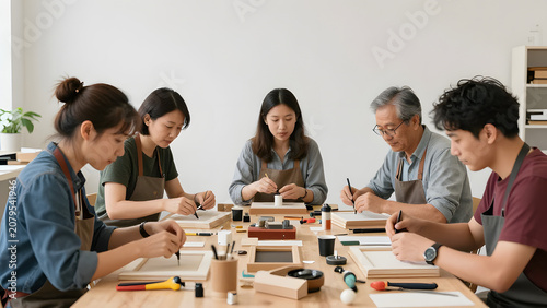 Artistic Endeavor: A group of individuals of various ages engage in a creative craft workshop, meticulously working on their projects, fostering a sense of community and shared learning.