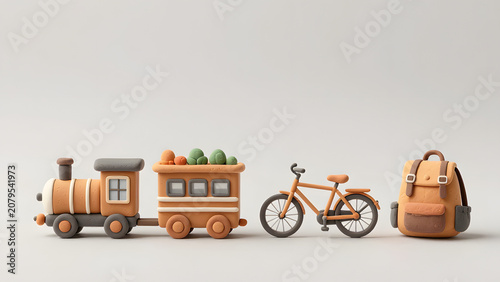 Clay Toy Transport and Luggage Set: A charming collection of miniature clay objects including a train, bicycle, and backpack, perfect for illustrating travel and adventure themes.