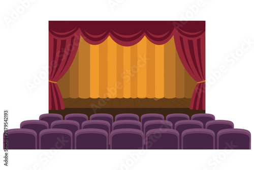 Empty Theater Stage with Red Curtains and Purple Audience Seats Illustration