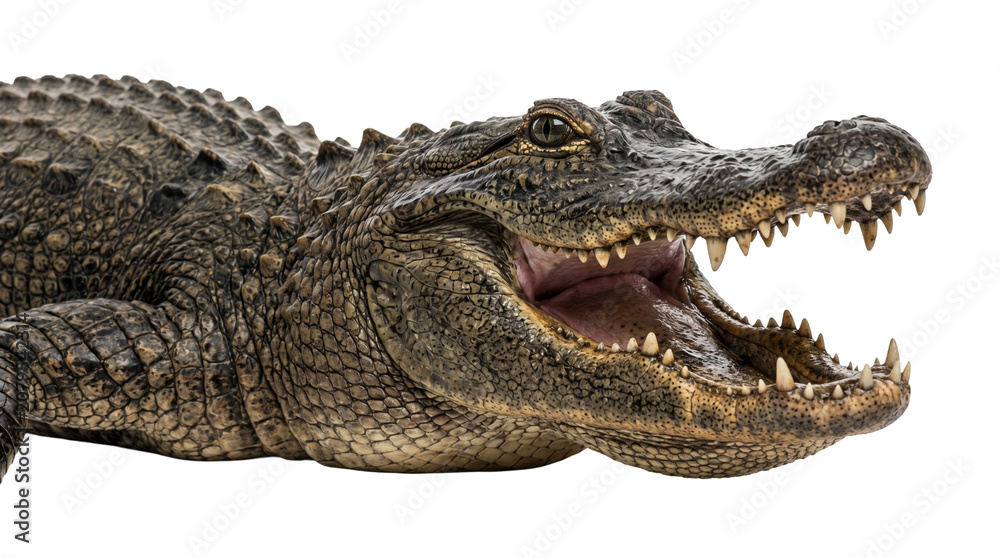 Fototapeta premium Close up of American alligator head with mouth open revealing rows of sharp teeth and powerful jaw, detailed texture of scaly skin and reptilian eye.