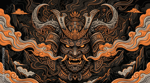 Detailed Samurai Mask Vector Illustration Featuring Intricate Ornamental Art