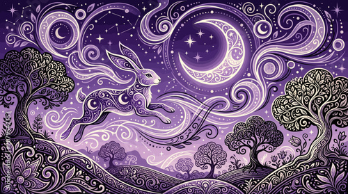 Whimsical Rabbit Leaping Under Crescent Moon Vector Illustration Art