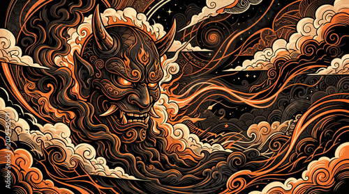 Japanese Oni Demon Mythical Spirit Vector Illustration Background