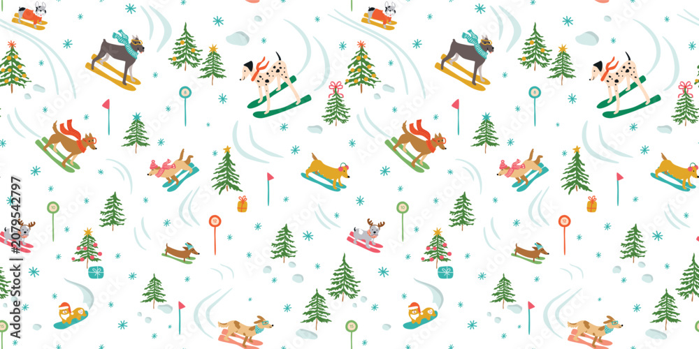 Fototapeta premium Christmas dogs alpines skiing seamless pattern. Cute animals, pets apres ski wallpaper, mountains background, cartoon winter holiday print, outdoor adventure print, vector New Year gift paper.