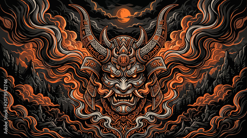Mystic Oni Mask Vector Illustration with Fiery Details and Smoke