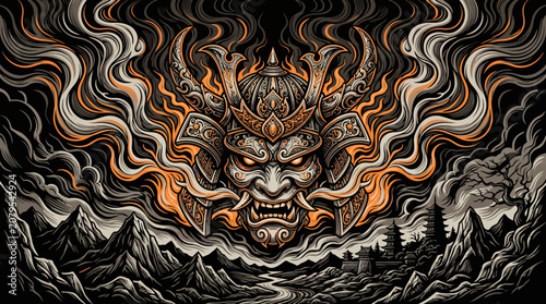 Fiery Samurai Mask Vector Illustration with Smoky Background Landscape