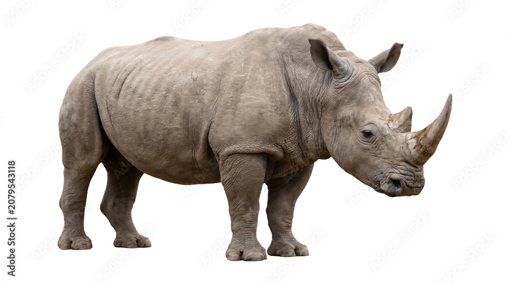 Fototapeta premium Majestic white rhinoceros standing profile view isolated on transparent background png for wildlife and nature designs.