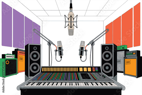 Professional Recording Studio Equipment Illustration with Microphones and Mixing Console
