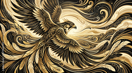 Majestic Golden Phoenix Vector, illustration Ornate Mythical Bird Soaring Amidst Rich Swirling Patterns