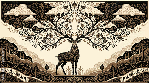 Vintage Style Vector Illustration Featuring a Majestic Stag with Floral Antlers