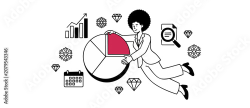 Photography Businesswoman analyzing financial data graph while flying to visualize market share growth