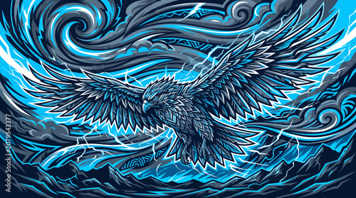 Majestic Eagle Vector Illustration Soaring Through Electric Stormy Sky