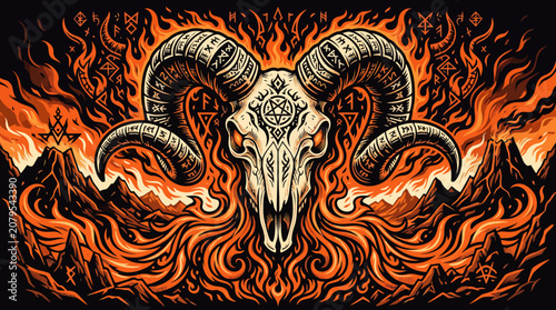 Mystical Ram Skull Vector Illustration with Blazing Fire and Occult Spirit Theme