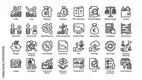 Business finance and accounting concepts with black line icons set 