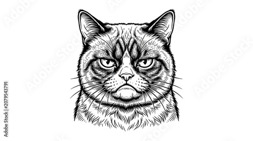 Fotografía Grumpy Cat Face Portrait, Hand Drawn Sketch Illustration, Black and White