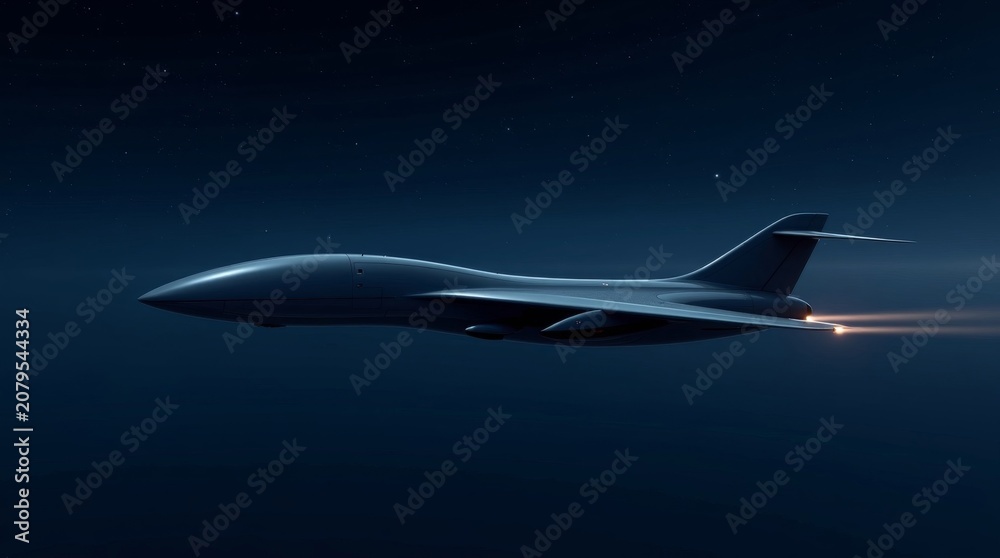Obraz premium Silhouette of a supersonic bomber aircraft flying at night with engine exhaust flare.