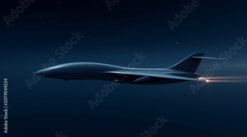 Silhouette of a supersonic bomber aircraft flying at night with engine exhaust flare.