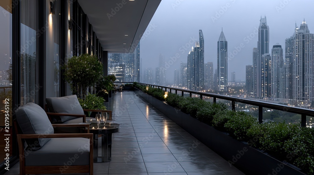 Fototapeta premium Luxury hotel balcony offers view of rainy city skyline with glowing skyscrapers and a small table set with champagne at night