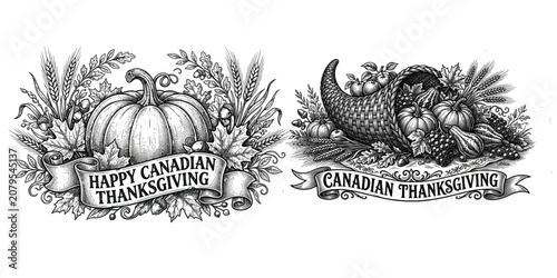 Vintage canadian thanksgiving engravings with pumpkins cornucopias and wheat