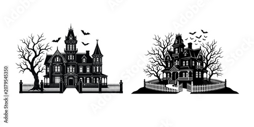 Haunted houses vector illustration set with bats and spooky trees
