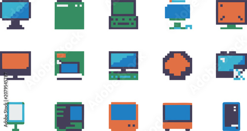 Pixel Art Computer Icons Set with Various Devices and Screens