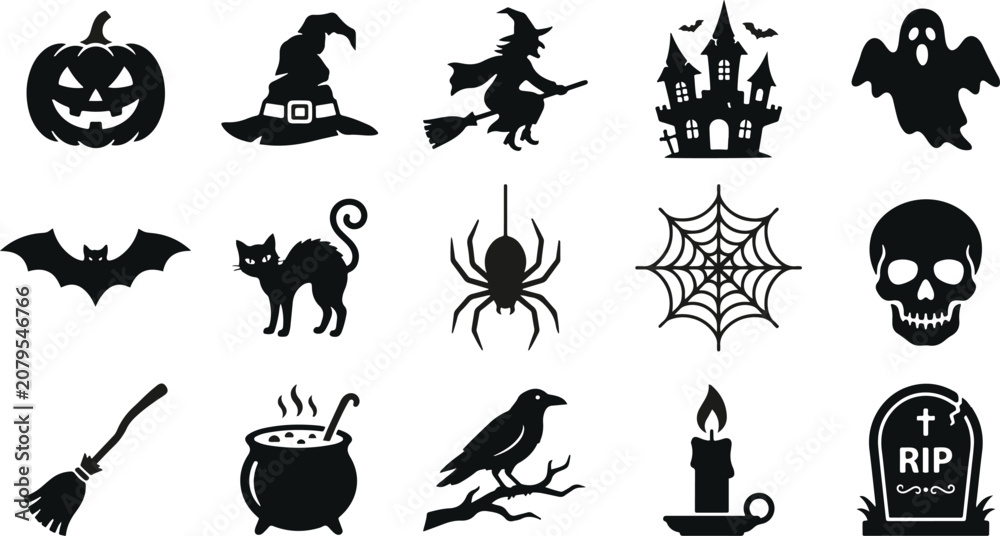 Fototapeta premium Halloween vector bundle spooky icons for designs jack o' lantern witch ghost and more
