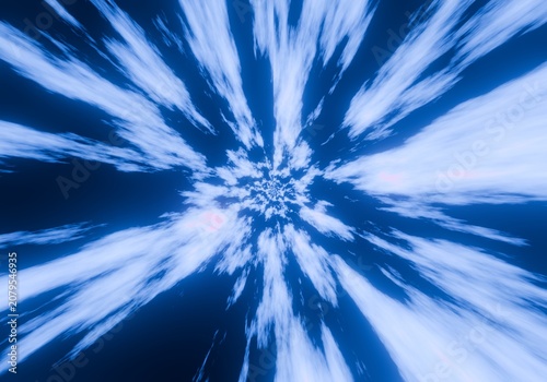 Hyper drive through dense blue cloud vortex space time portal background.