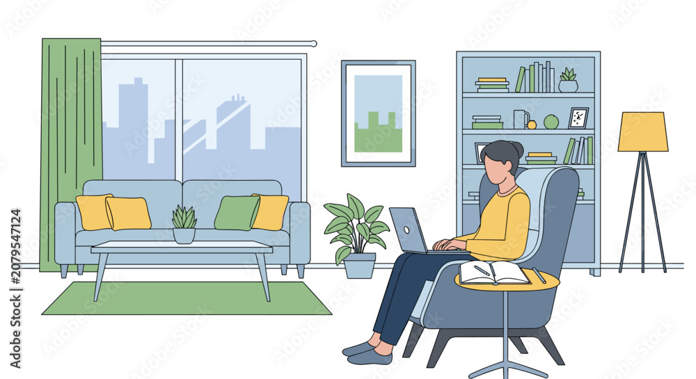 Fototapeta premium Flat illustration of person sitting at desk hesitating before decision, hand on chin, laptop open but idle, sticky notes blank on desk, remote worker, freelance, work from home, work from anywere,