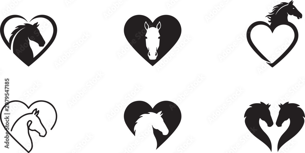 Obraz premium collection of emblem with horse head in heart isolated on white background. silhouette icon vector