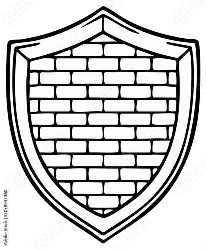 Shield Icon with Brick Wall Design, Monochrome Vector Illustration