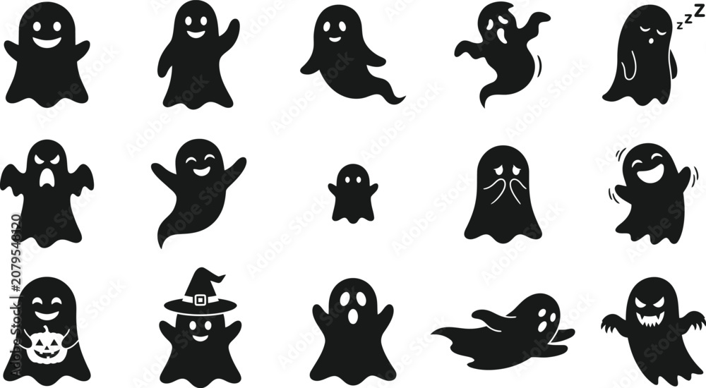Obraz premium Cute Halloween Ghost Silhouette Set Black and White Spooky Ghost Clipart Vector Bundle