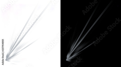 Abstract light rays and motion blur streaks, ethereal white light beams on black and white background, dynamic speed lines for overlay effects