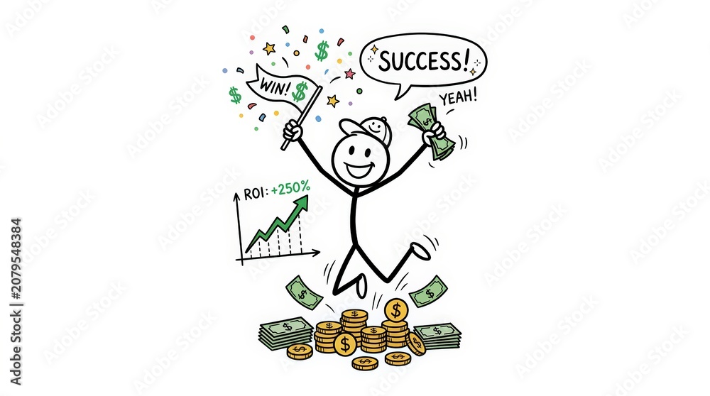 Fototapeta premium Financial Success Stick Figure Man Celebrating with Money and ROI Graph, Doodle Illustration