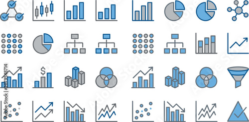 Business data analytics and financial statistics icon set with blue and grey line art diagrams