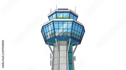 Modern airport air traffic control tower illustration.