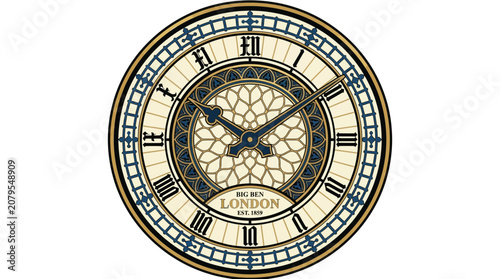 Ornate gold and white Roman numeral clock face.