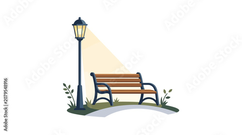 Park bench under a glowing streetlamp at night.
