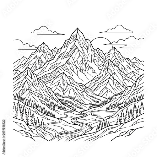 Mountain range line art coloring page.