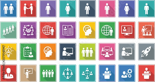 Business human resources and corporate management flat icon set with modern long shadow design