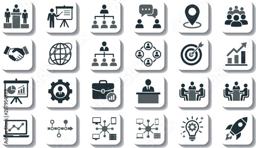 Business management and corporate strategy icon set for marketing finance human resources and startup presentations