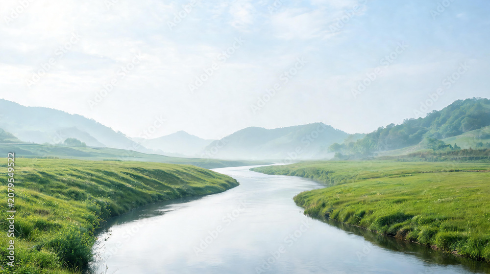 Fototapeta premium Serene landscape with a winding river through lush green hills and misty mountains under blue sky