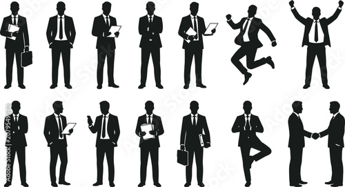 Businessmen silhouette set in different poses working celebrating jumping shaking hands and standing isolated on white