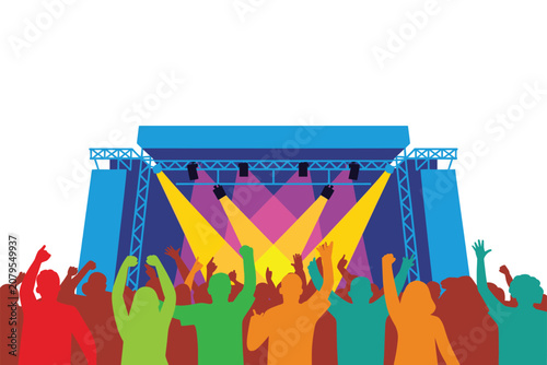 Colorful Crowd Silhouettes Cheering at Concert Stage with Bright Spotlights Vector Illustration